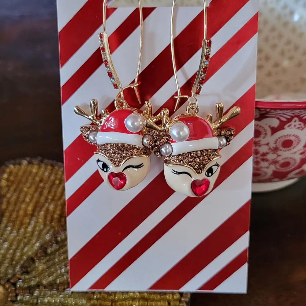 BETSEY JOHNSON Festive Reindeer Earrings with Red and Gold Accents - Picture 2 of 6